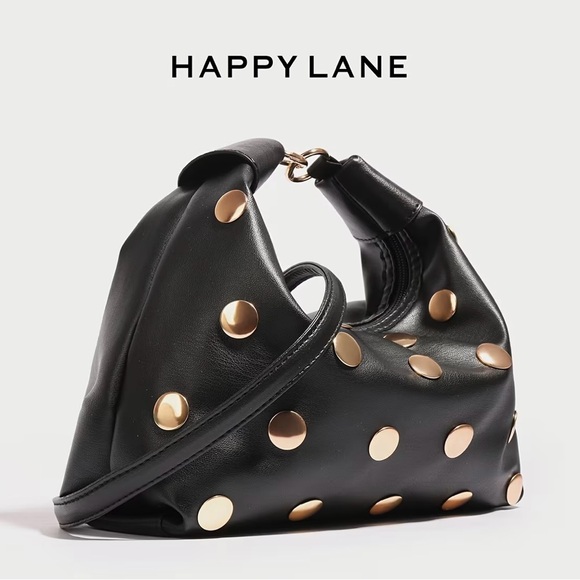 NWT Black Studded Hobo Bag Gold Hardware Shoulder Bag Happy Lane - Picture 7 of 13